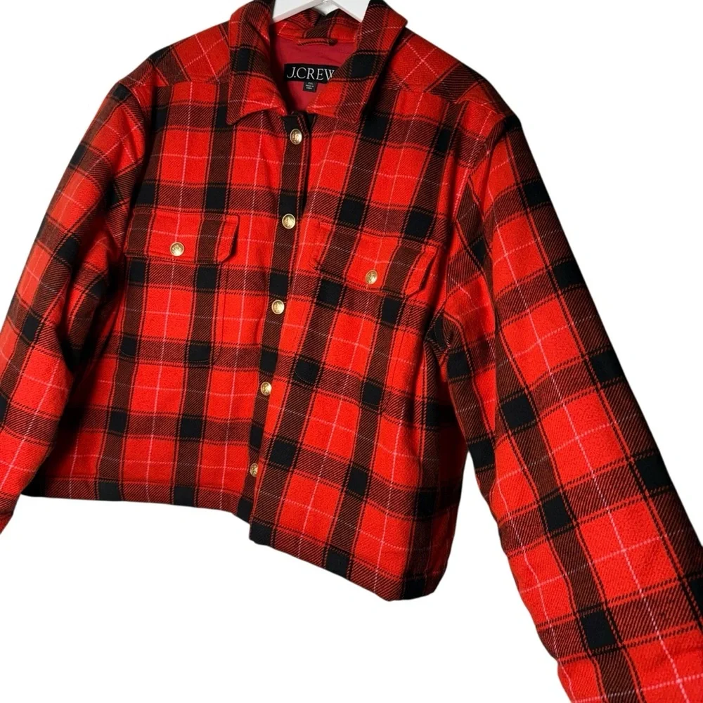 J. Crew Cropped Puffer Jacket‎ in Buffalo Check Vibrant Flame Size XXL